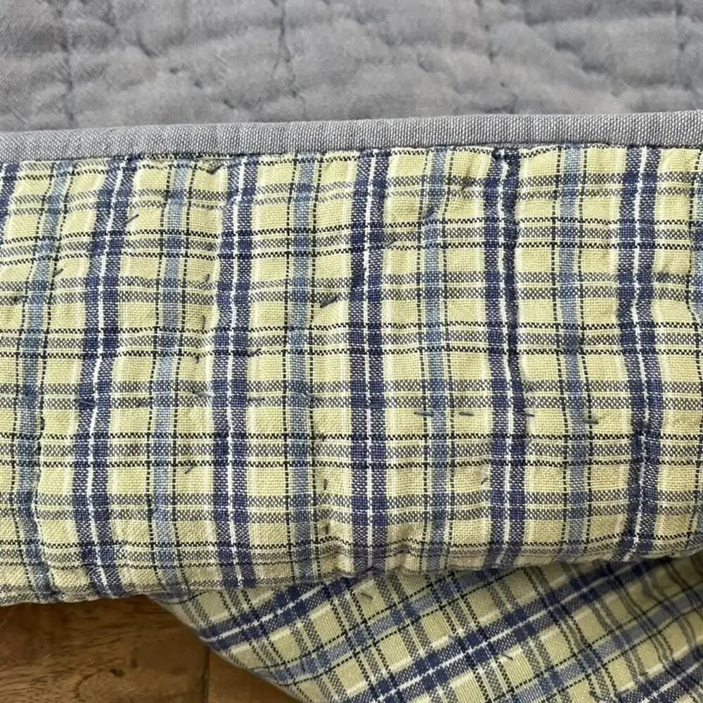 Vtg Smith & Johnson Cotton Patchwork Quilt Queen Gray Green Geometric Reversible